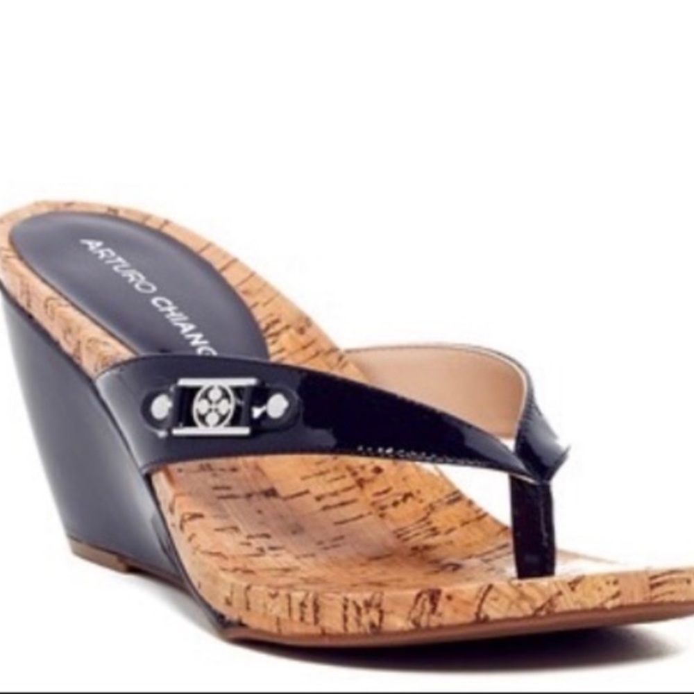 Arturo Chiang Blue Patent Wedge Sandals